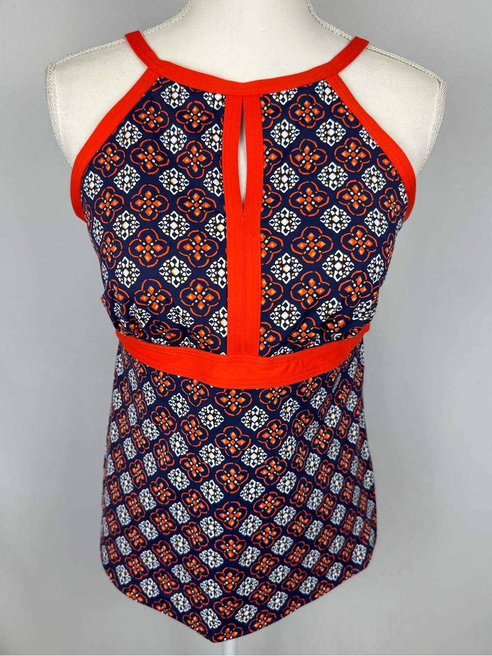 Lands End High Neck Tankini Swimsuit A-Line Navy Blue Orange Size 12 Vacation